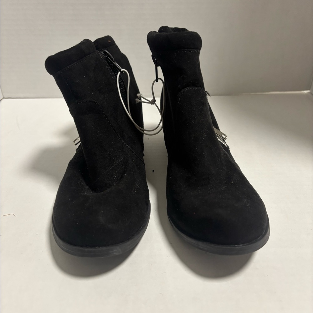 Black Vegan Suede Ankle Boots With 1/2” Hidden Wedge Heel. Size 3. Never worn.